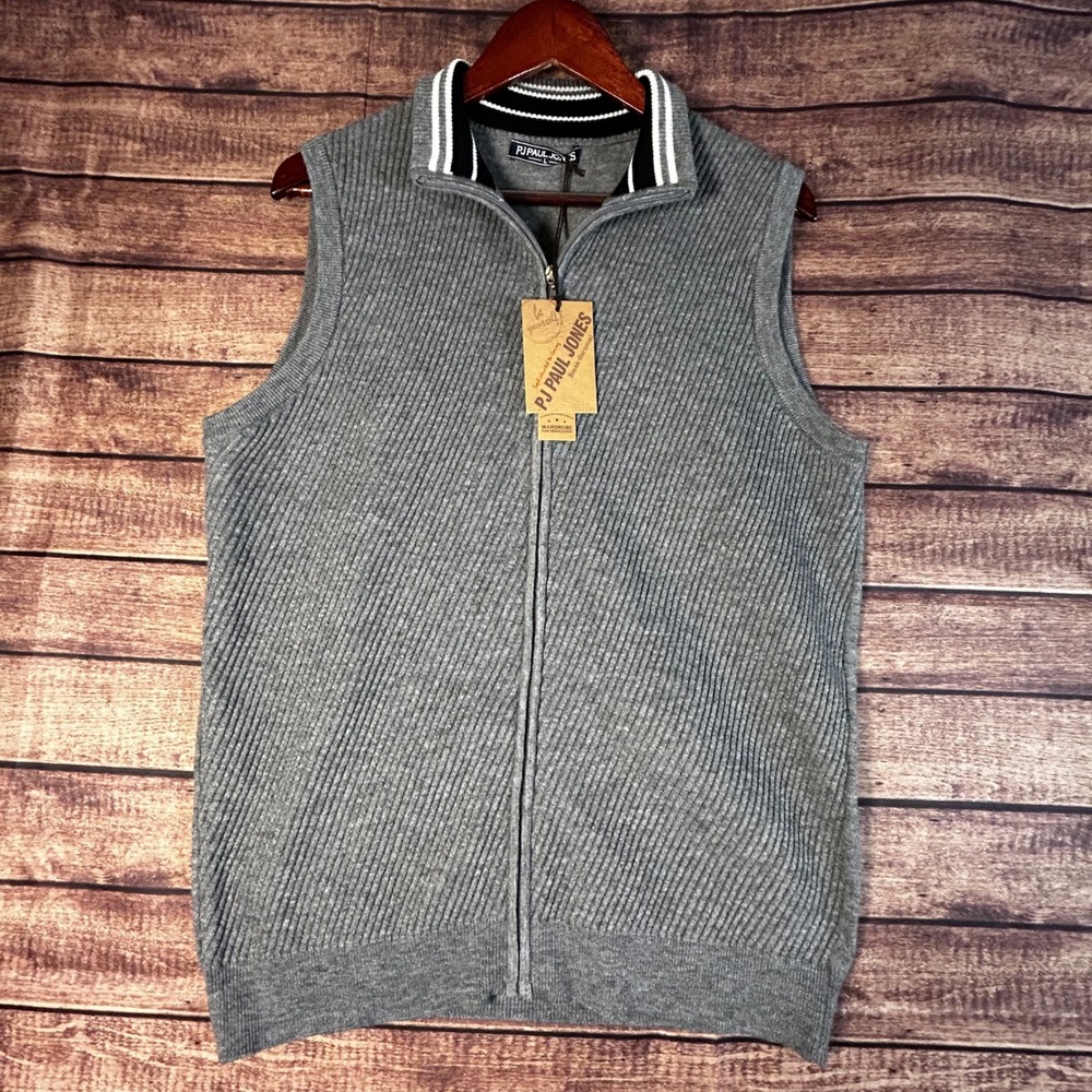 PJ Paul Jones Men Gray Ribbed Full Zip Sweater Vest Mock Neck Striped Collar L